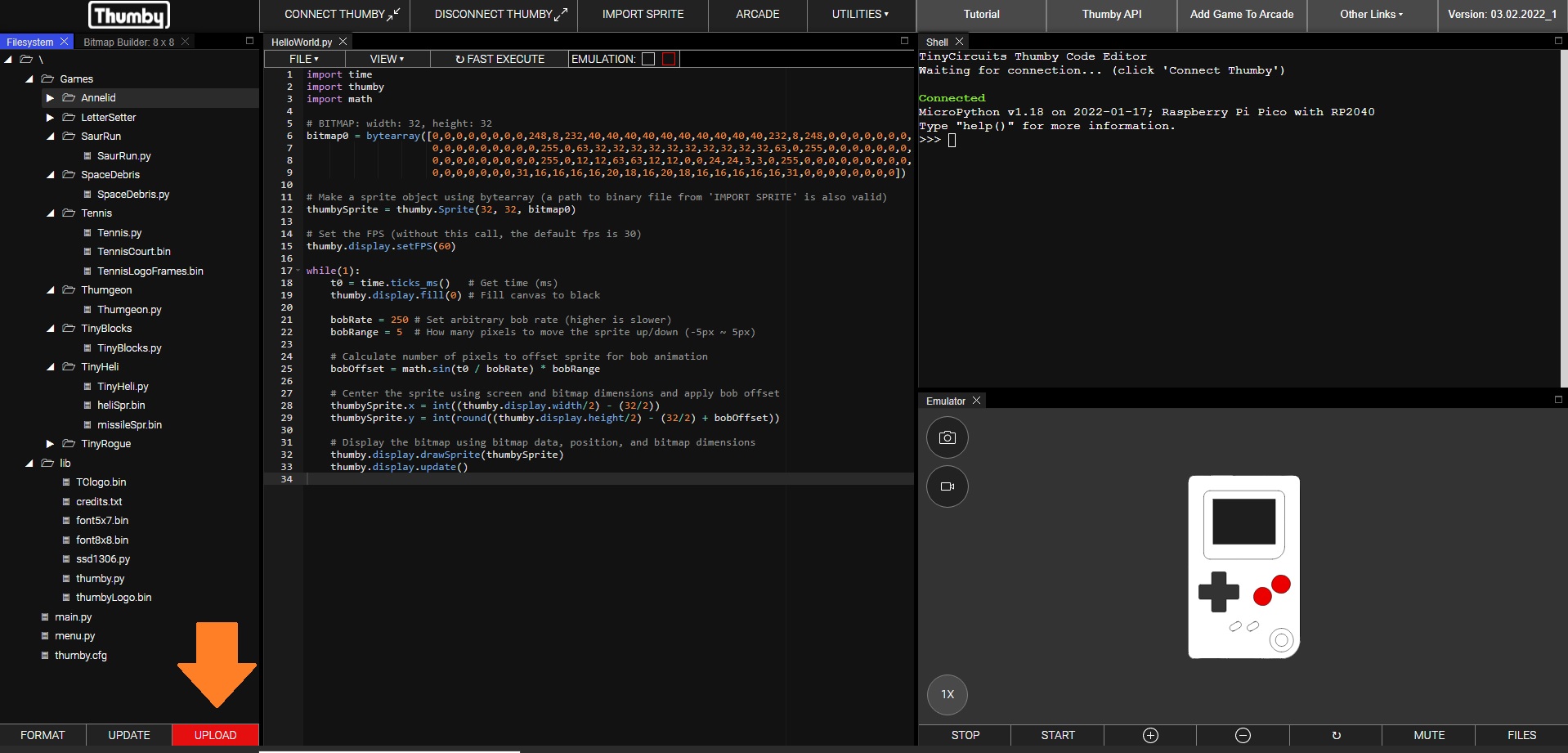 Thumby Code Editor screenshot of file system and emulation