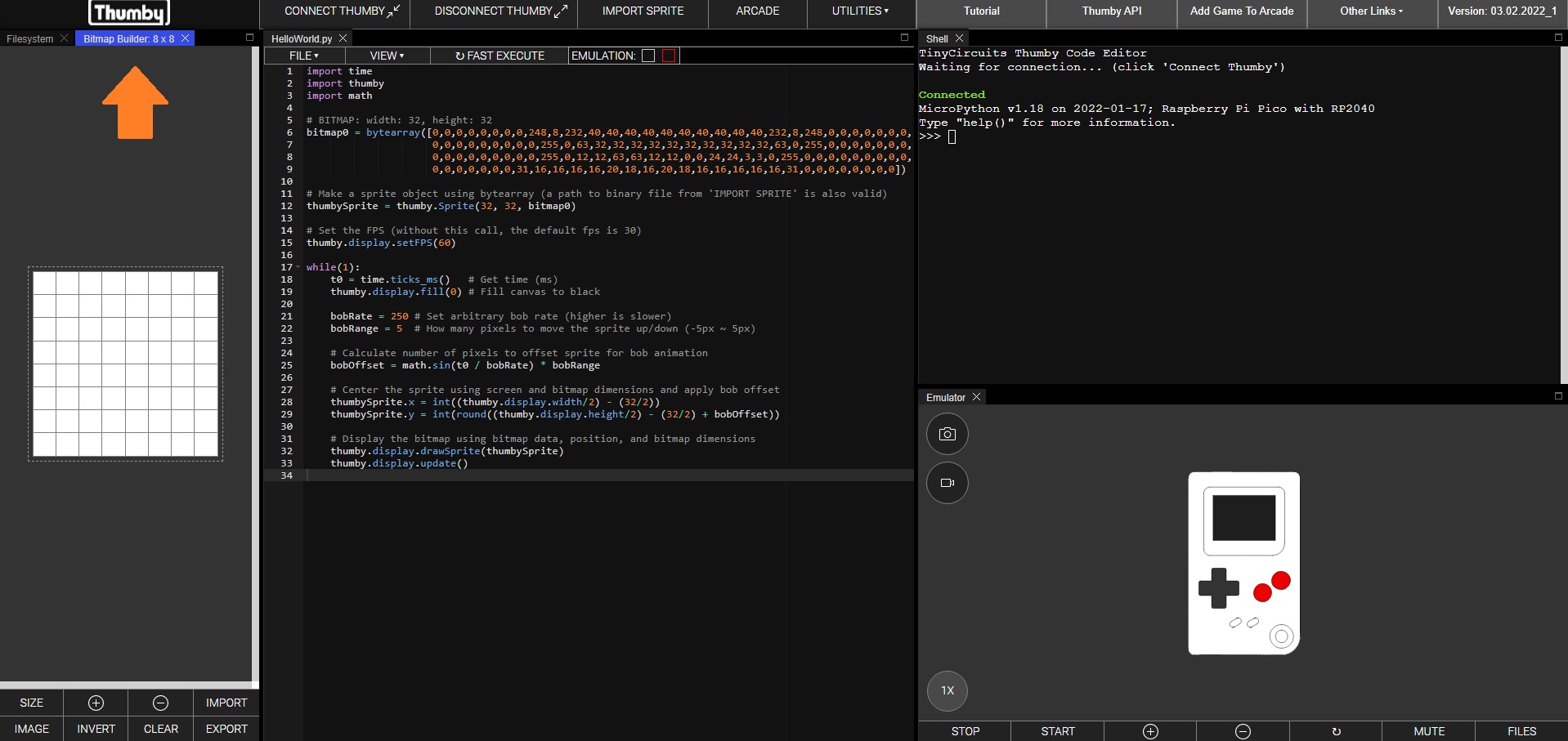 Thumby Code Editor screenshot of file system and emulation