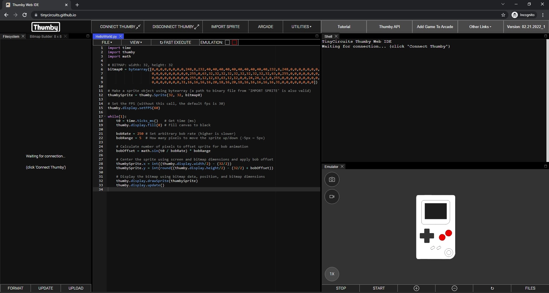Thumby web browser Code Editor dark mode screenshot