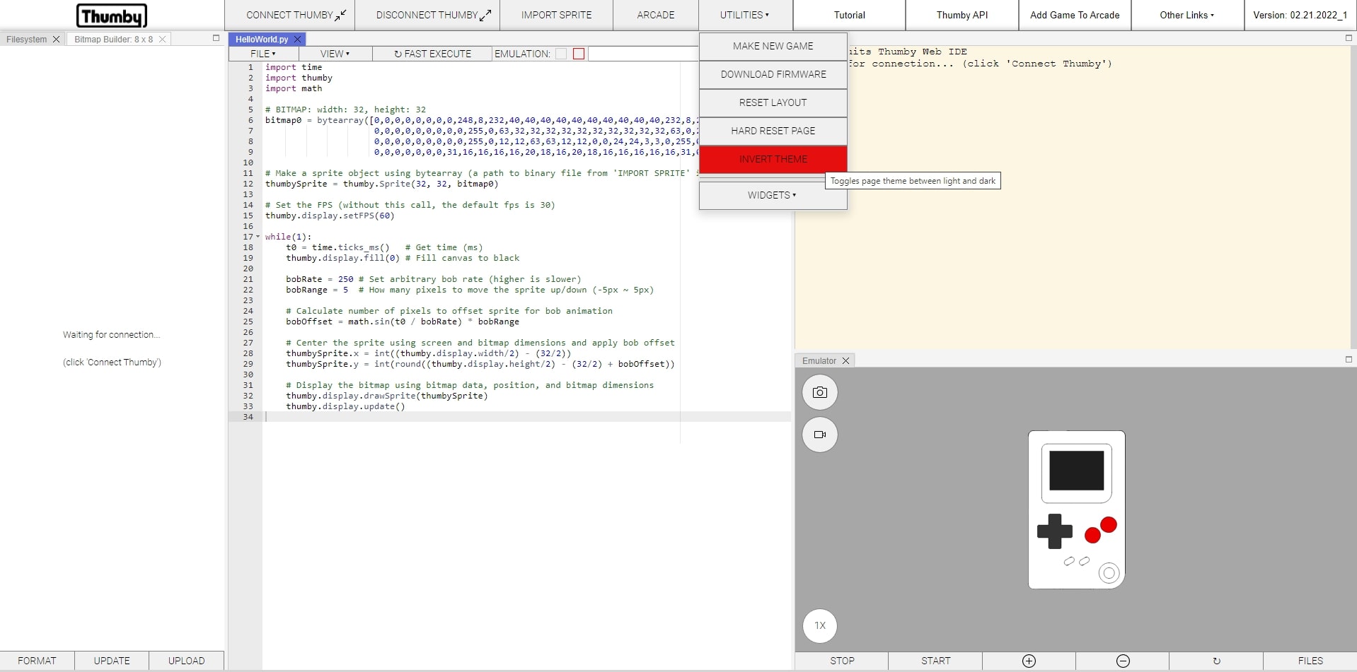 Thumby web browser Code Editor light mode screenshot