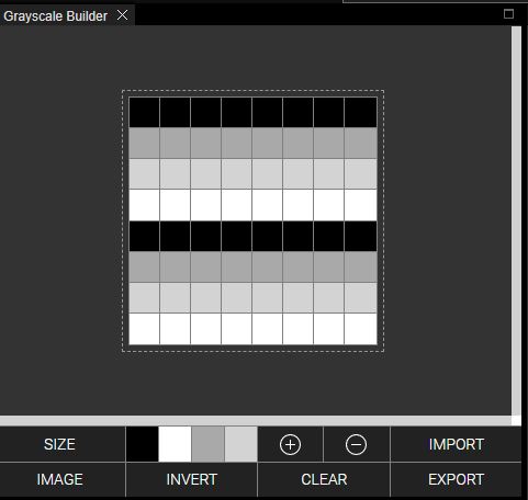Grayscale Bitmap Editor displaying an 8x8 pixel grid with lines of black, dark gray, gray, and white repeated twice to fill all 8 lines