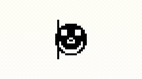 Black pixel round smiley face on a white background with a black line moving behind the smiley face, the line is visible through the corners and nose where the bitmap mask exists
