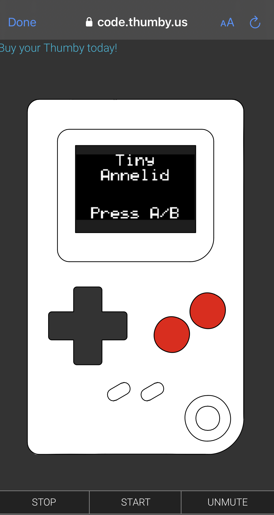 Thumby Code Editor Play Emulator with Annelid game loaded
