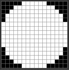 16 by 16 bitmap grid displaying a white circle with black corners shaping the round edges