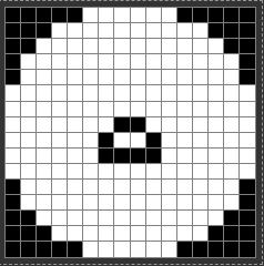 16 by 16 bitmap grid displaying a white circle with black corners shaping the round edges, with a nose in the center of the white circle drawn in black