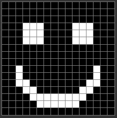 16 by 16 bitmap grid displaying a white smiley face on a black background